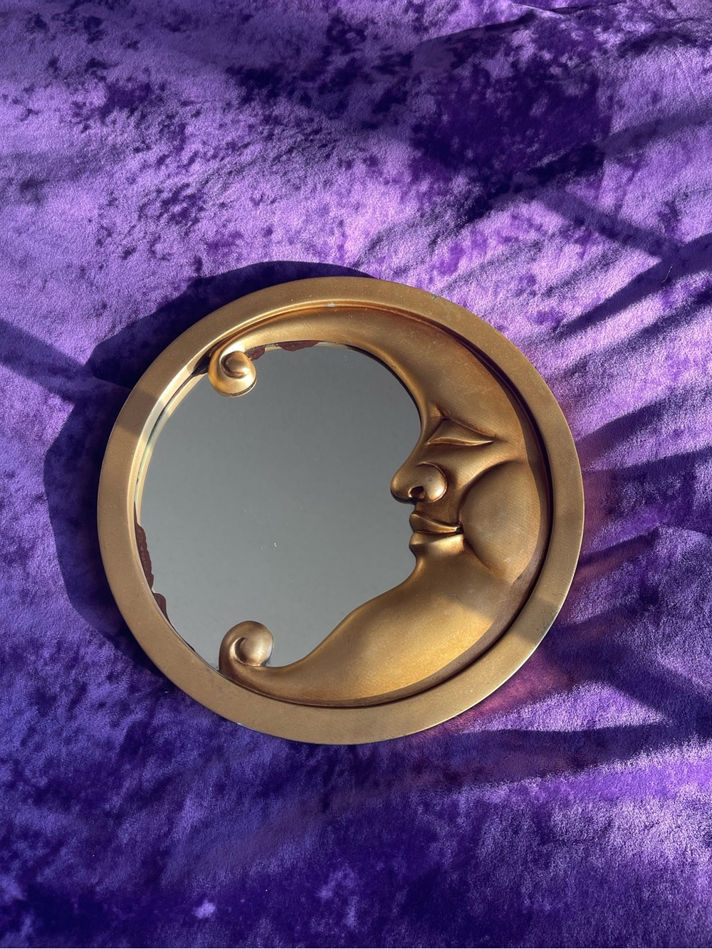VTG 90s Celestial Gold Man in Moon Crescent Face Round Wall Mirror Whimsigoth